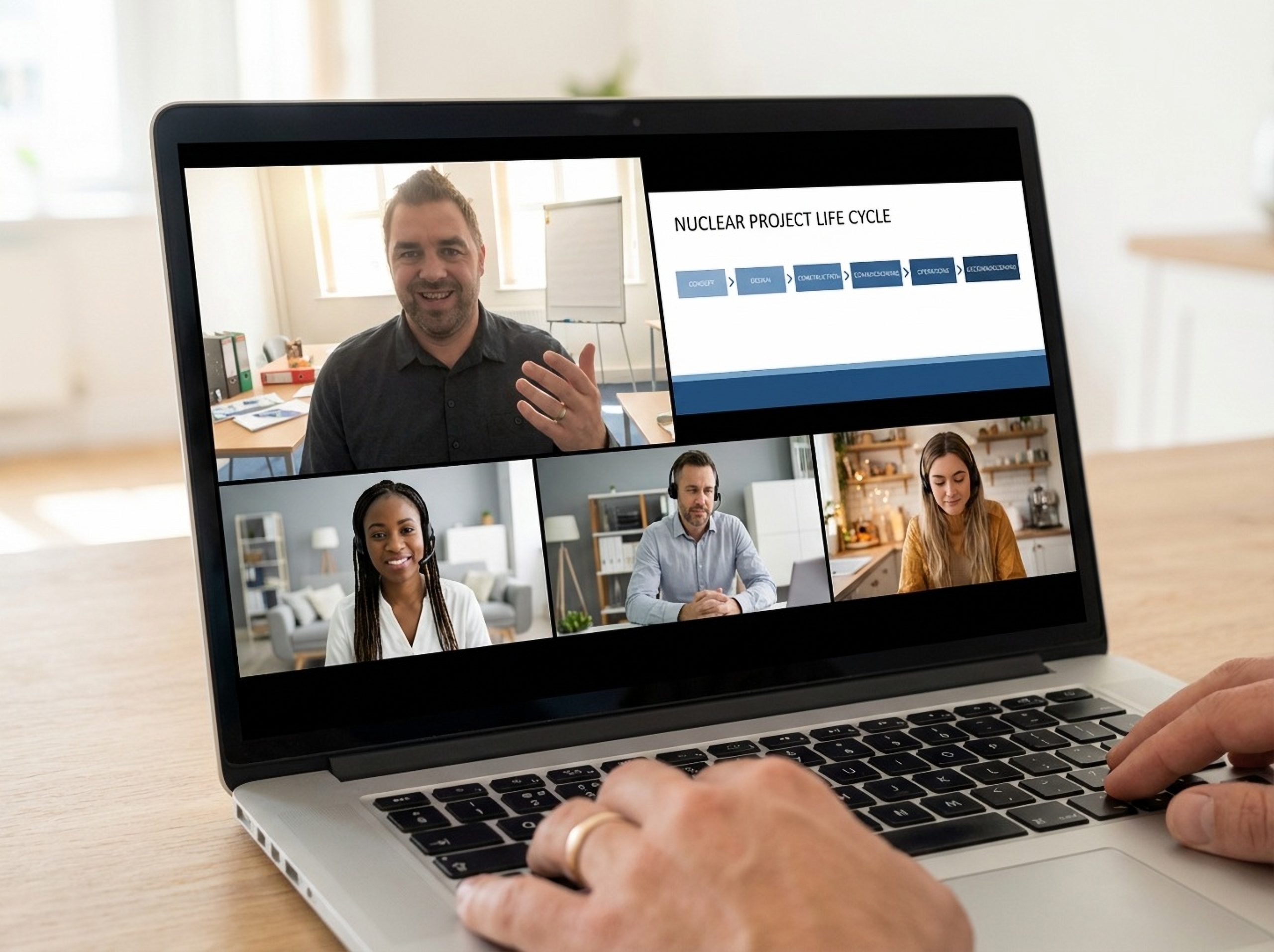 A laptop screen showing an online nuclear project training session.